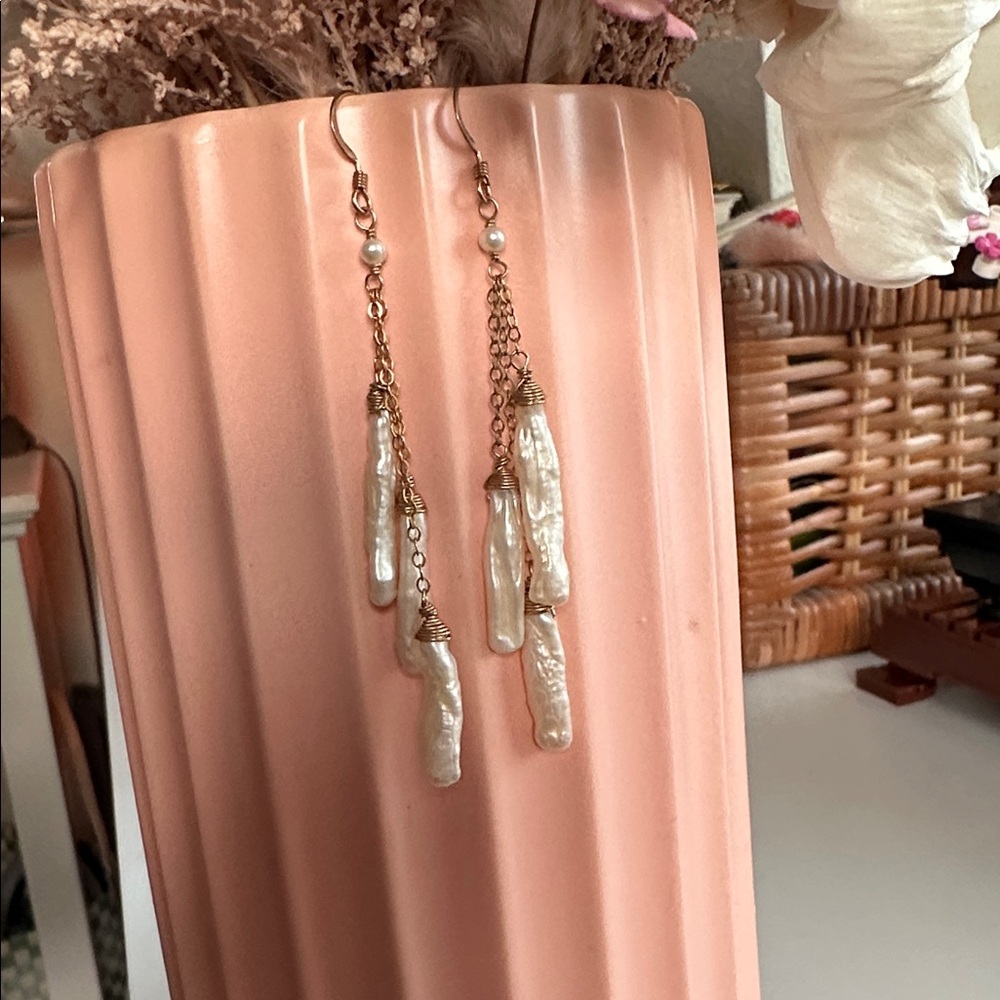 Baroque Freshwater Pearl Cascade Drop Earrings | Gold Tone | Boho Bridal - Picture 14 of 14